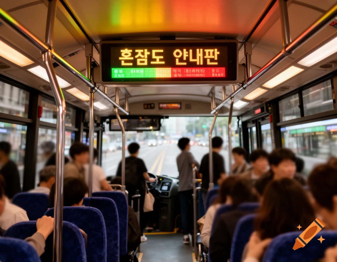 Interior view of a bus with passengers and a digital display showing Korean congestion information, photorealistic.