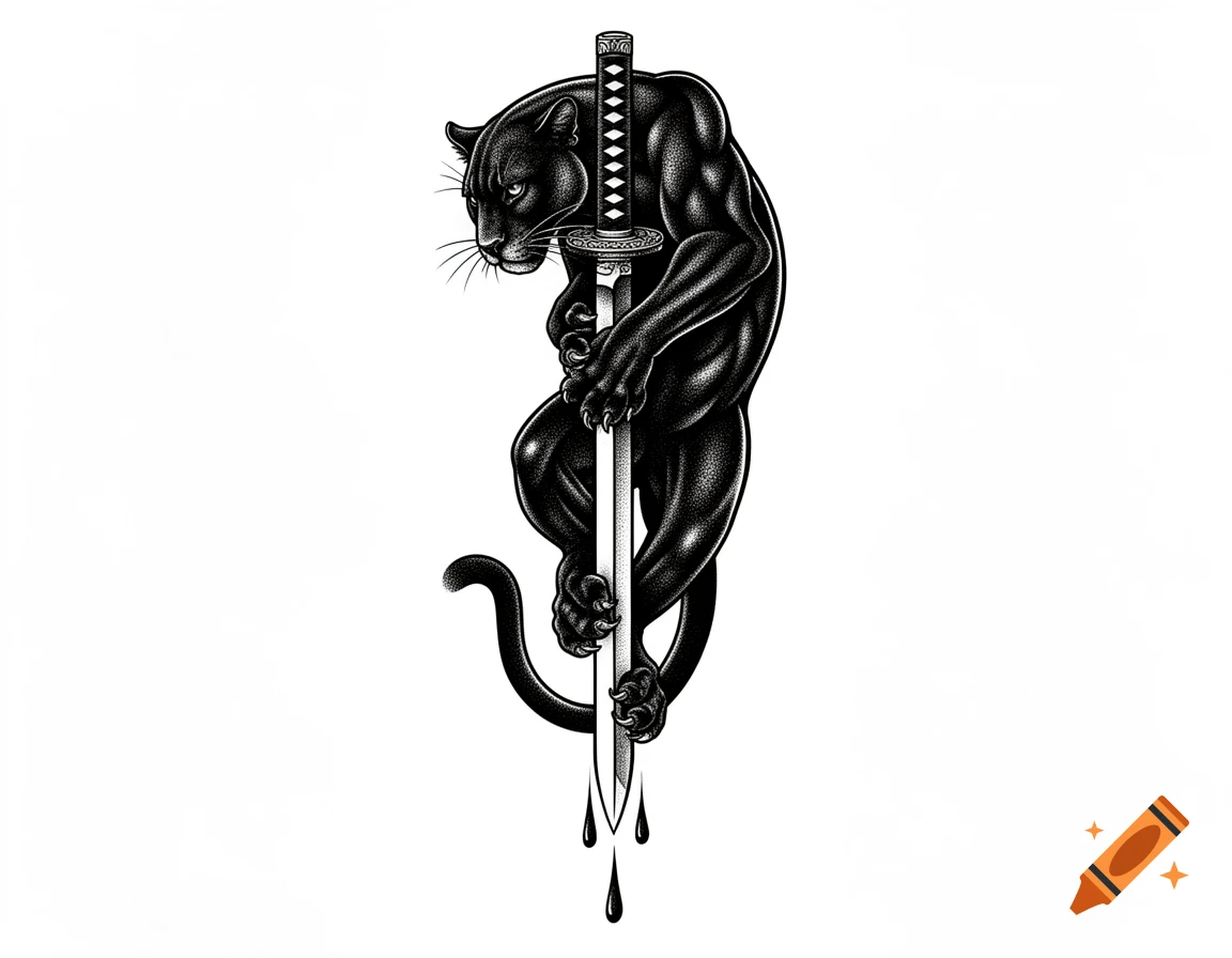 A black panther climbing a samurai sword, with stylized black drops dripping from the tip, in a stark graphic art style.