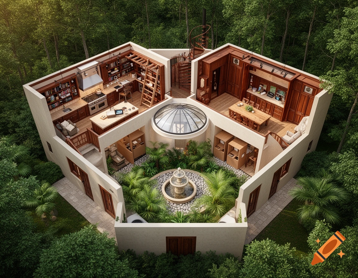 Aerial cutaway view of a modern forest house, showing interior kitchen, dining, and library rooms surrounding a central atrium with a fountain.