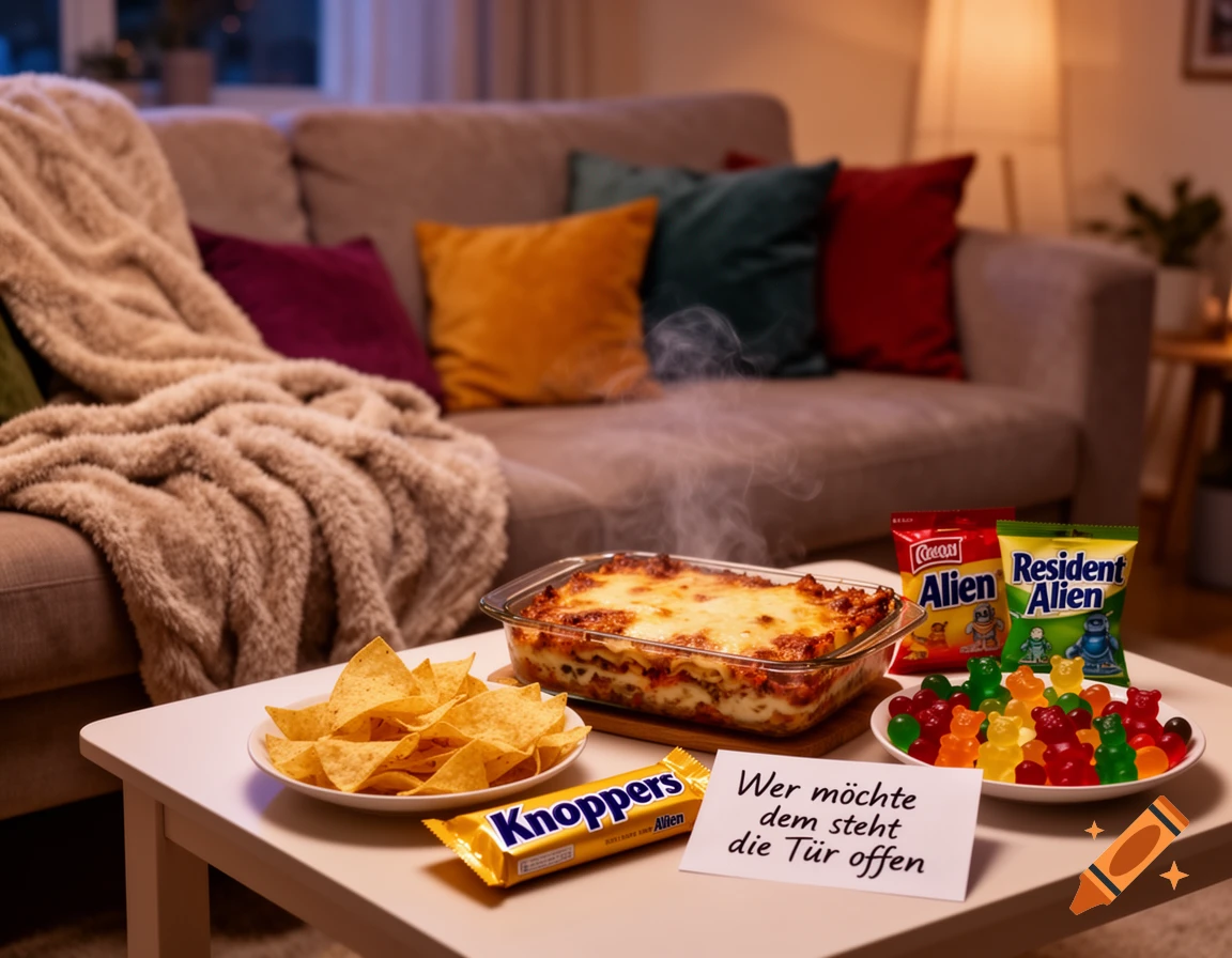 Cozy living room scene with a table laden with hot lasagna, nachos, gummy bears, Knoppers, and 'Resident Alien' snacks, set for a TV series night.
