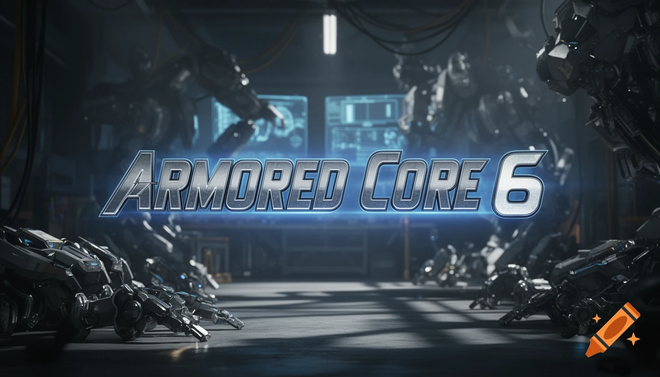 The metallic title "ARMORED CORE 6" glows blue in a dark, futuristic hangar with blurred mechs.