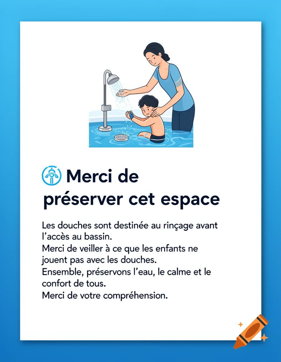 An illustration of a mother gently guiding a child away from playing in a pool shower, with French text about pool rules.