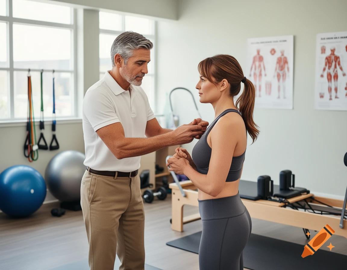 A male physiotherapist adjusts the shirt of a female patient in a bright clinic with exercise equipment and anatomical charts.