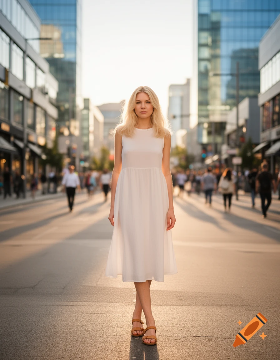 Photorealistic image of a blonde woman in a white dress and sandals standing in the middle of a bustling city street.