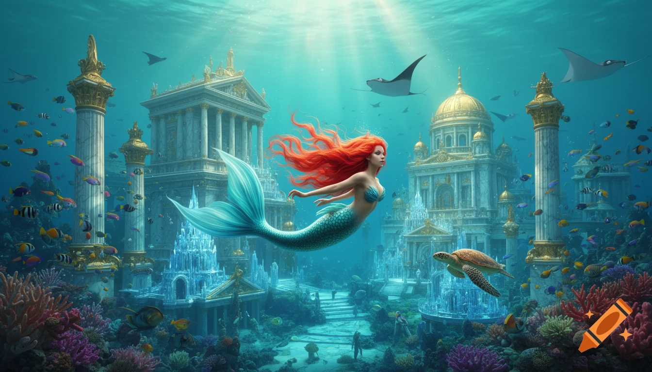 A majestic mermaid with long red hair swims through a vibrant underwater city with temples, fish, and coral reefs.