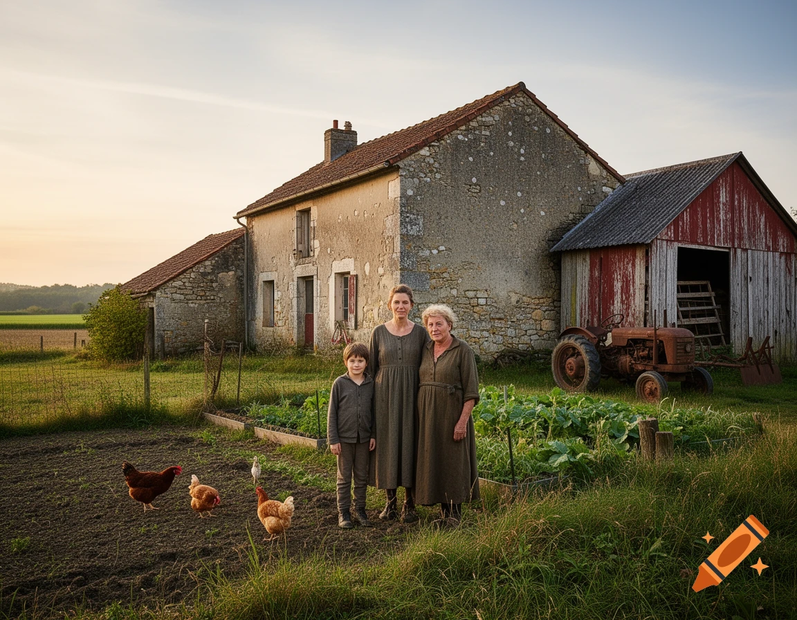 A family stands outside an old stone farmhouse with a barn, rusty tractor, garden, and chickens in a photorealistic rural scene.