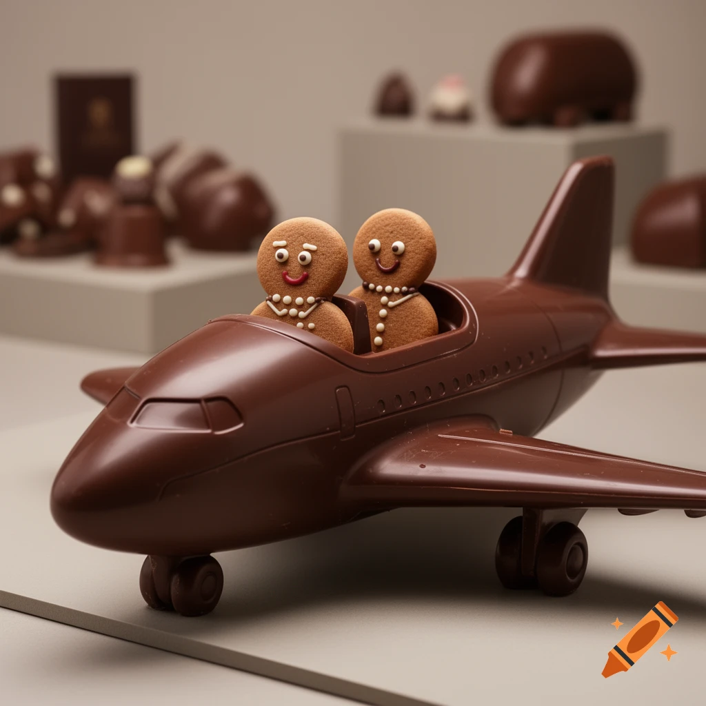 Photorealistic image of two gingerbread men pilots in a chocolate airplane with blurred chocolate treats in the background.