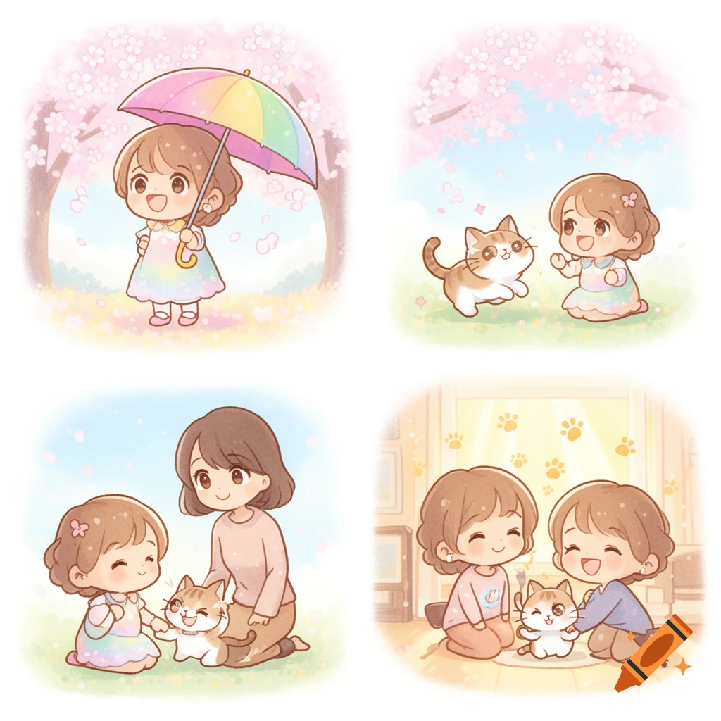 Four panel chibi illustration showing a girl and her mother adopting and living happily with a cute cat amidst cherry blossoms.