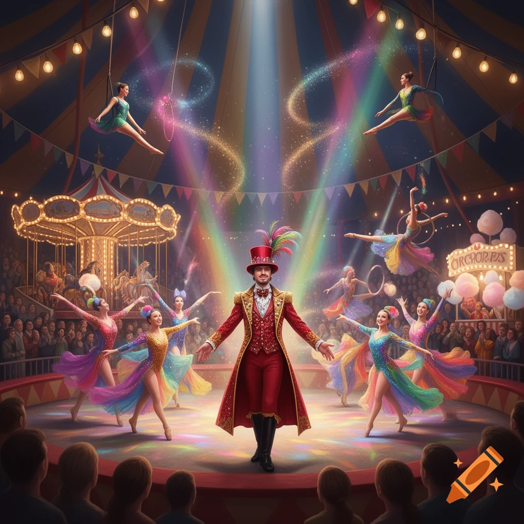 A vibrant digital art image of a ringmaster surrounded by acrobatic performers in a colorful circus tent with magical sparkling effects.