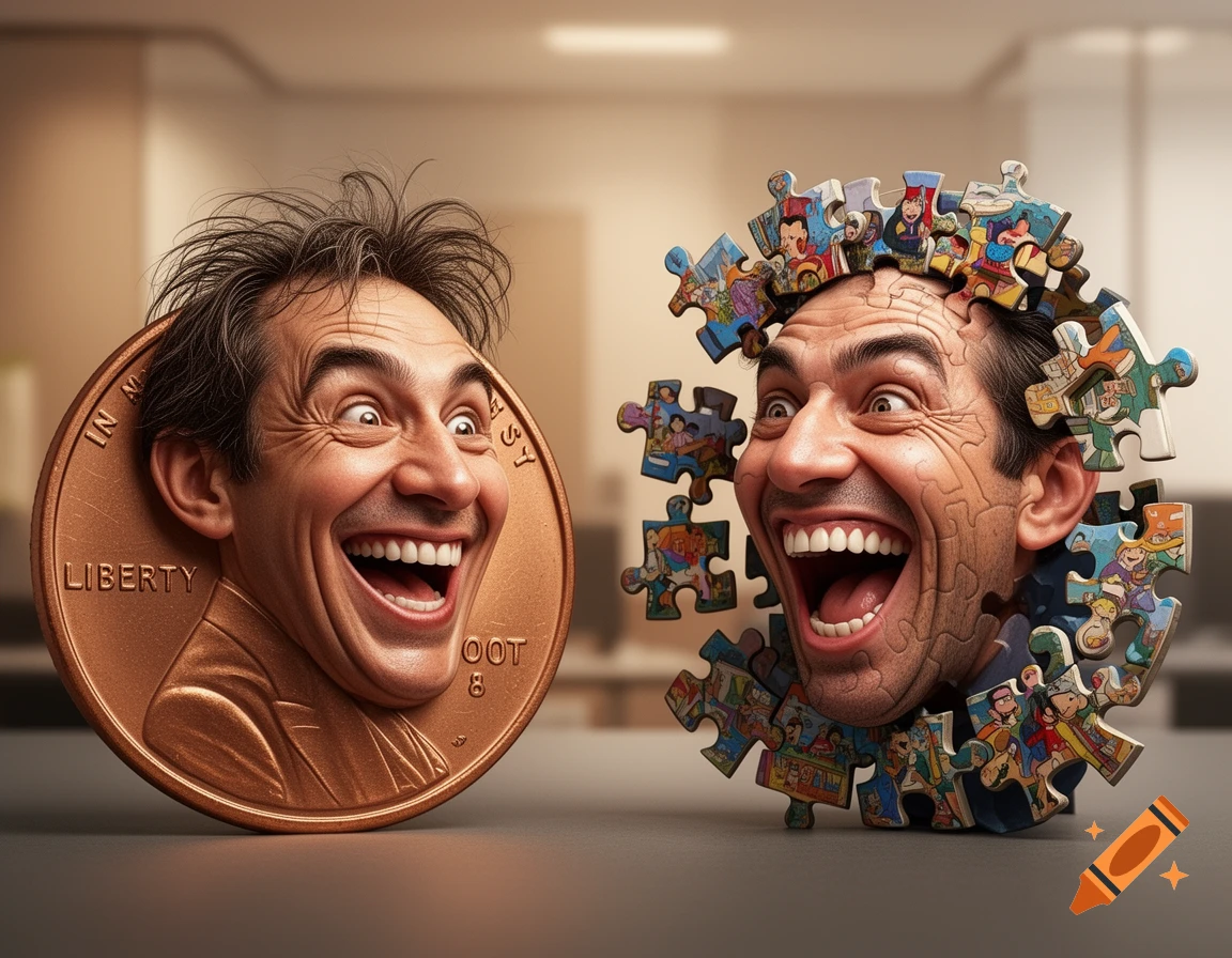 A photorealistic image of a man's head emerging from a copper penny, laughing, facing another man's laughing head made of colorful puzzle pieces.