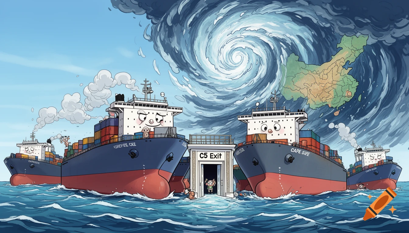 A humorous cartoon shows large cargo ships trying to fit through a tiny "C5 Exit" doorway, creating a jam. A typhoon dissipates over a map of China in the background.