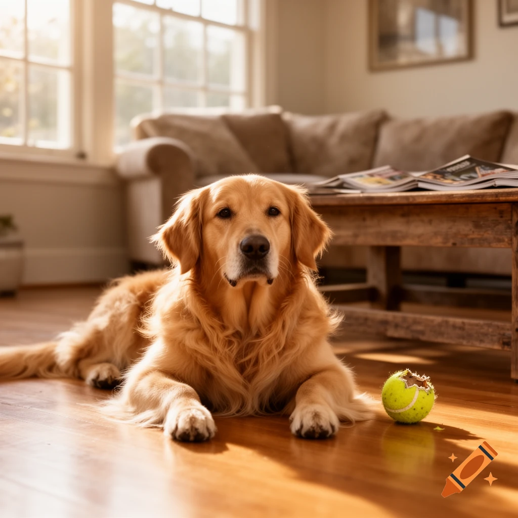 A photorealistic Golden Retriever lies on a wooden floor next to a chewed tennis ball in a sunlit living room.