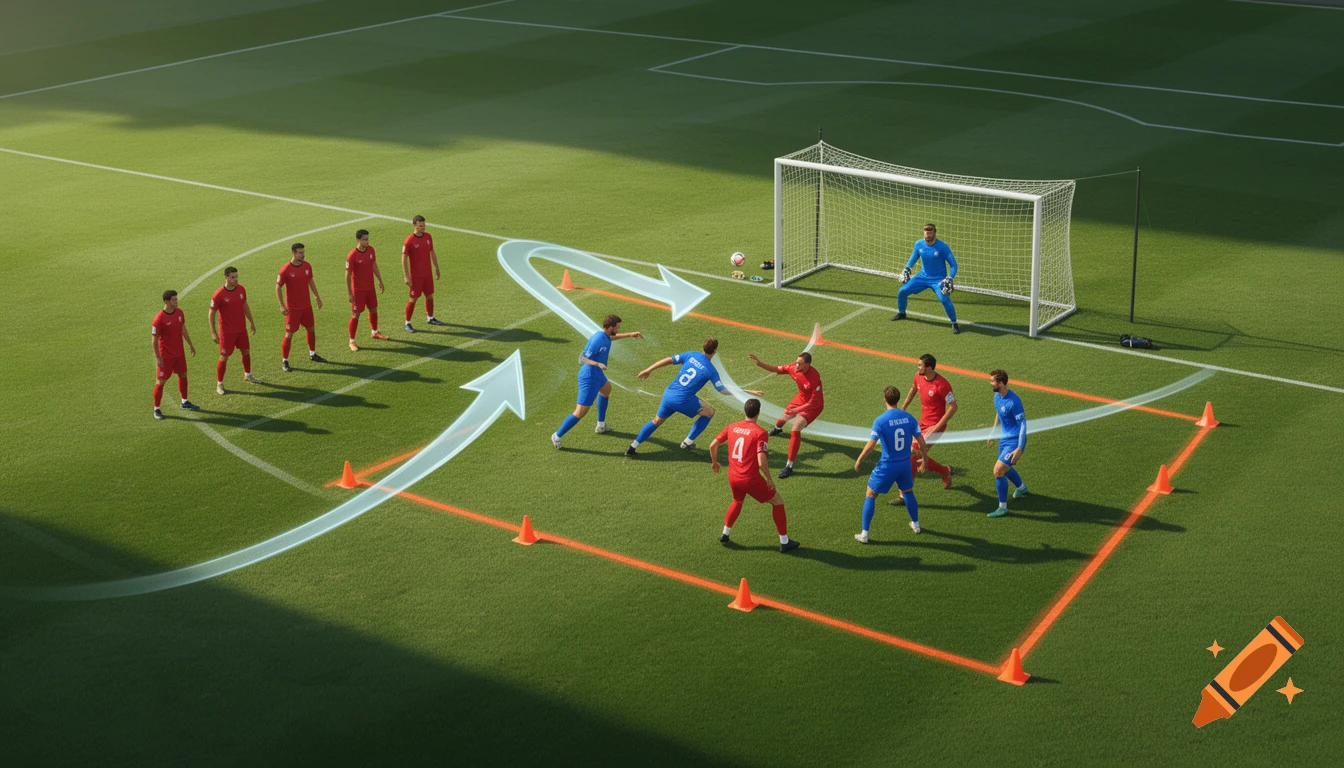 Soccer training drill on a green field with players in red and blue jerseys, cones, a goal, and glowing strategic arrows.