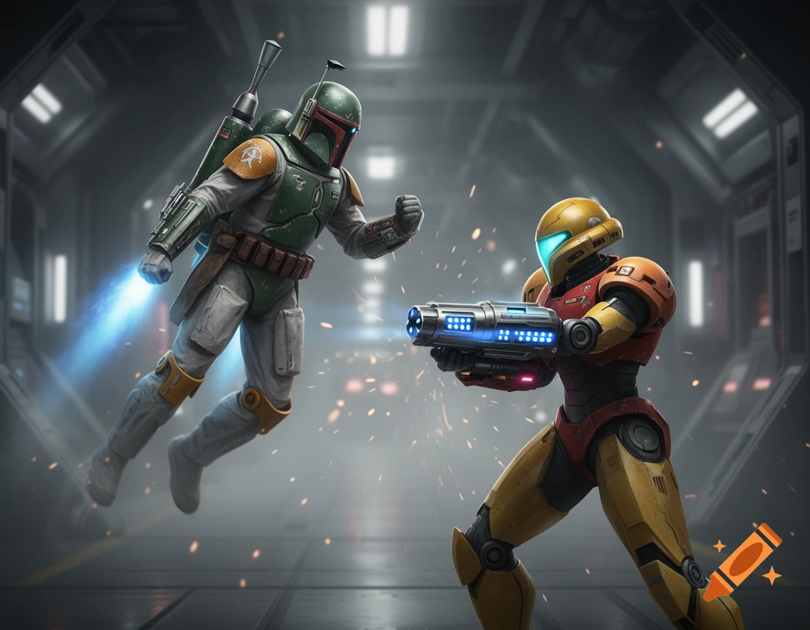 Boba Fett flies with a jetpack while Samus Aran fires a blaster in a sci-fi corridor.