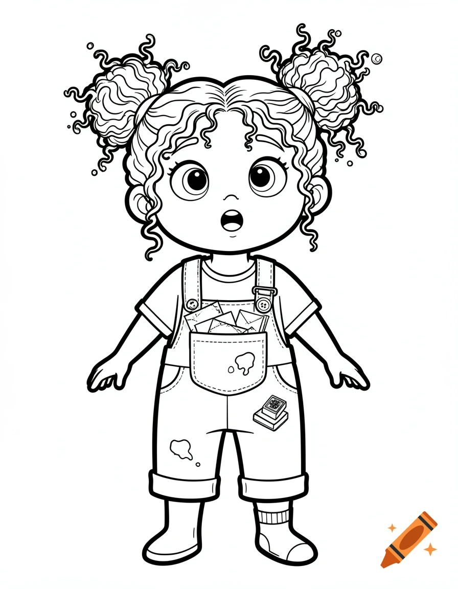 Black and white line art illustration of a young girl with curly hair in messy buns, wearing overalls, one sock and one boot.