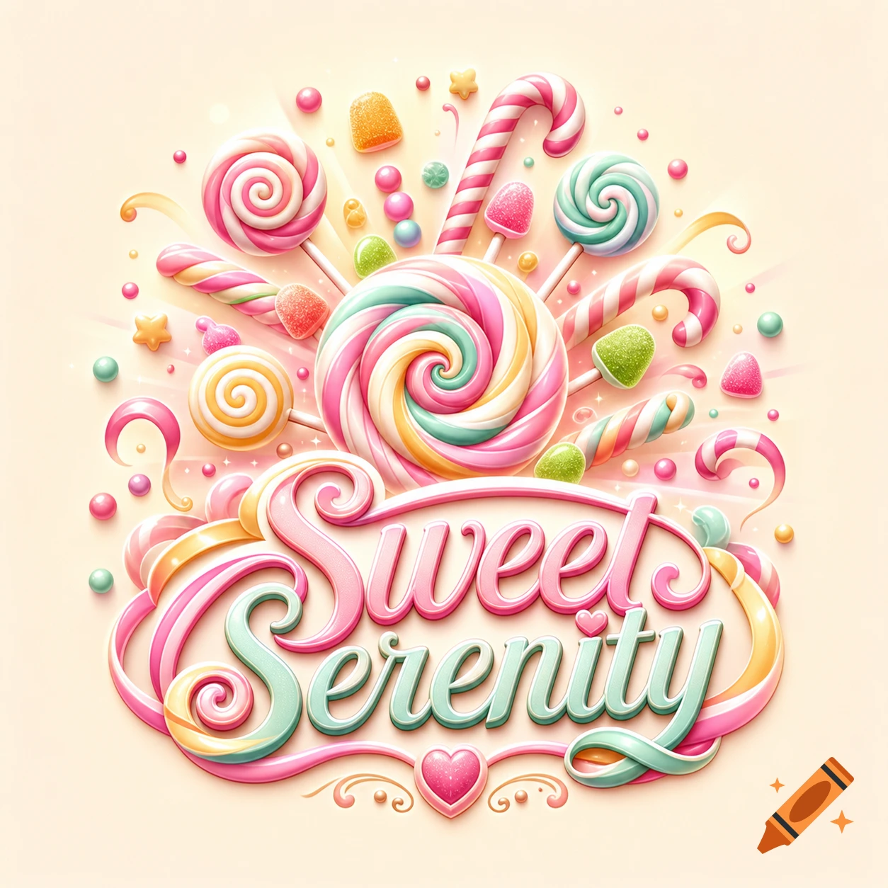 Vibrant, glossy illustration of lollipops, candy canes, and gumdrops surrounding a 'Sweet Serenity' logo.