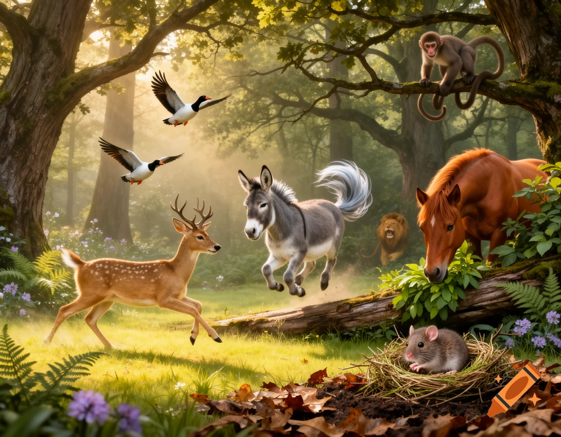 A deer, donkey, horse, monkey, lion, mouse, and two birds in a sunny forest clearing.