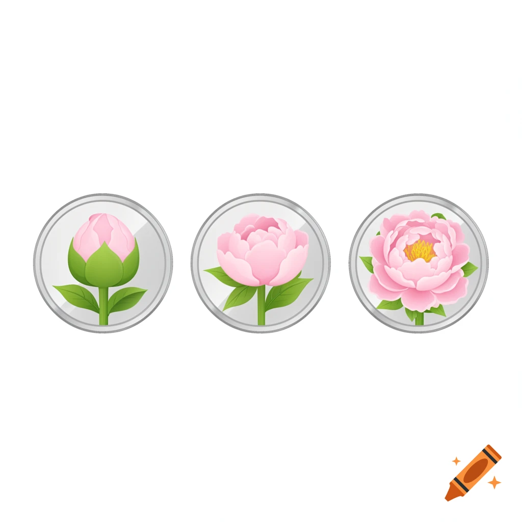 Three simple illustrated icons showing a pink peony flower bud, a partially bloomed peony, and a fully bloomed peony in silver circles.