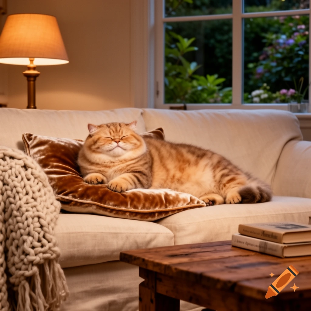 A photorealistic image of a happy, fat ginger tabby cat sleeping with its eyes closed on a brown pillow on a beige couch in a cozy room.