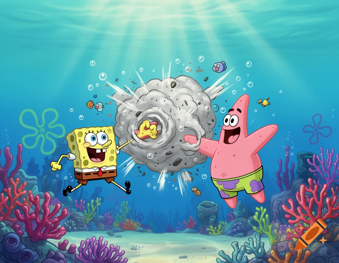 SpongeBob SquarePants and Patrick Star react to a cartoon explosion underwater amidst colorful coral.