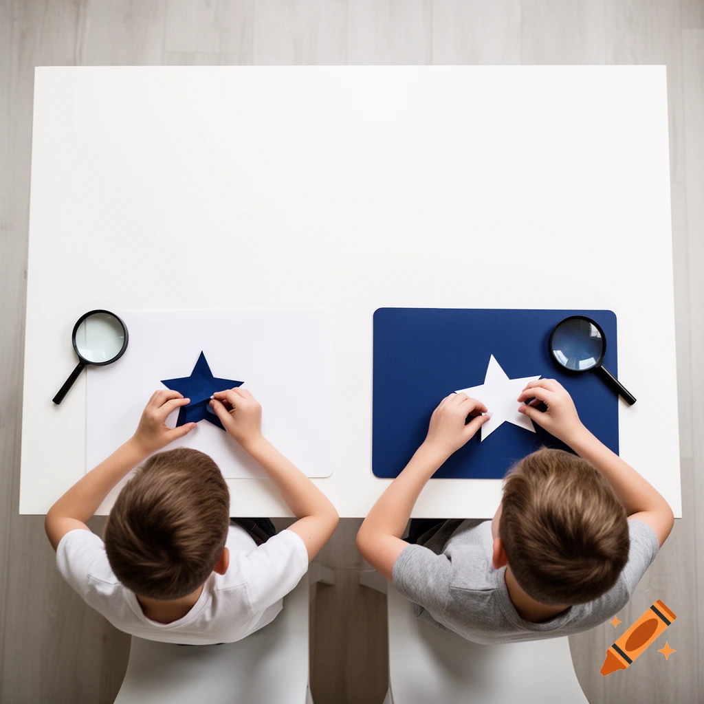 Overhead shot of two children at a white table, one making a blue paper star, the other a white star, with magnifying glasses nearby.
