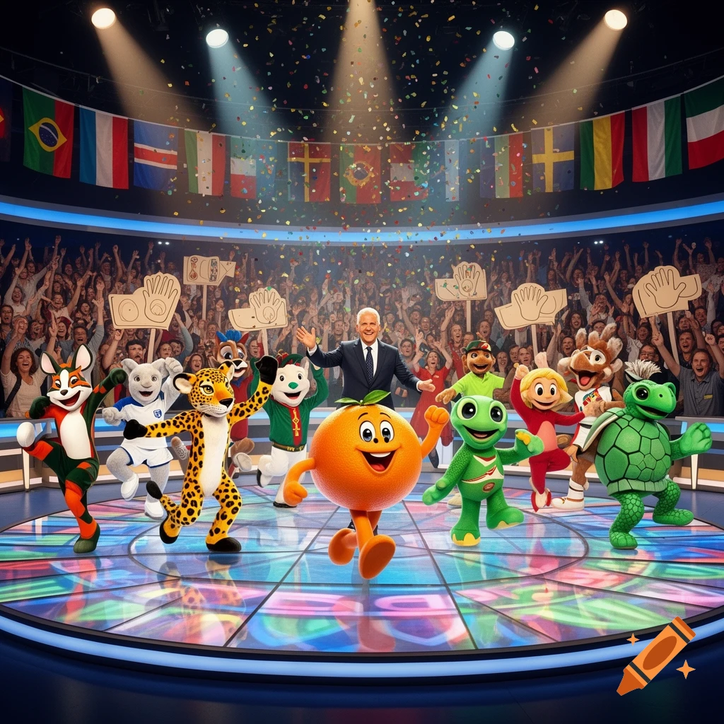 Various colorful mascots and a male host on a brightly lit game show stage with a cheering crowd, national flags, and falling confetti.