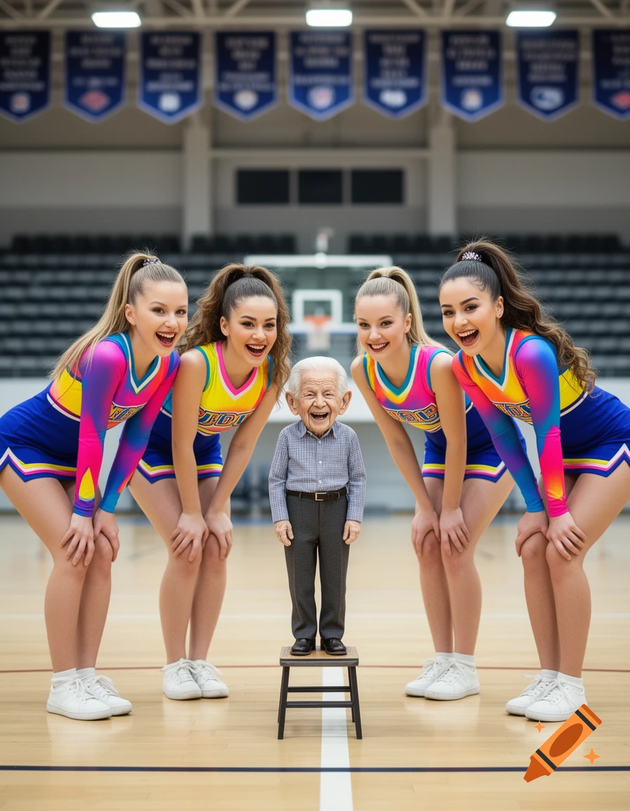 Four smiling cheerleaders in vibrant uniforms bending towards a tiny old man standing on a stool on a basketball court.