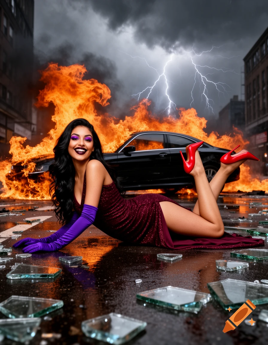 A woman in a sparkling burgundy dress and purple gloves lies on a wet city street with broken glass. A burning car and lightning fill the stormy background.