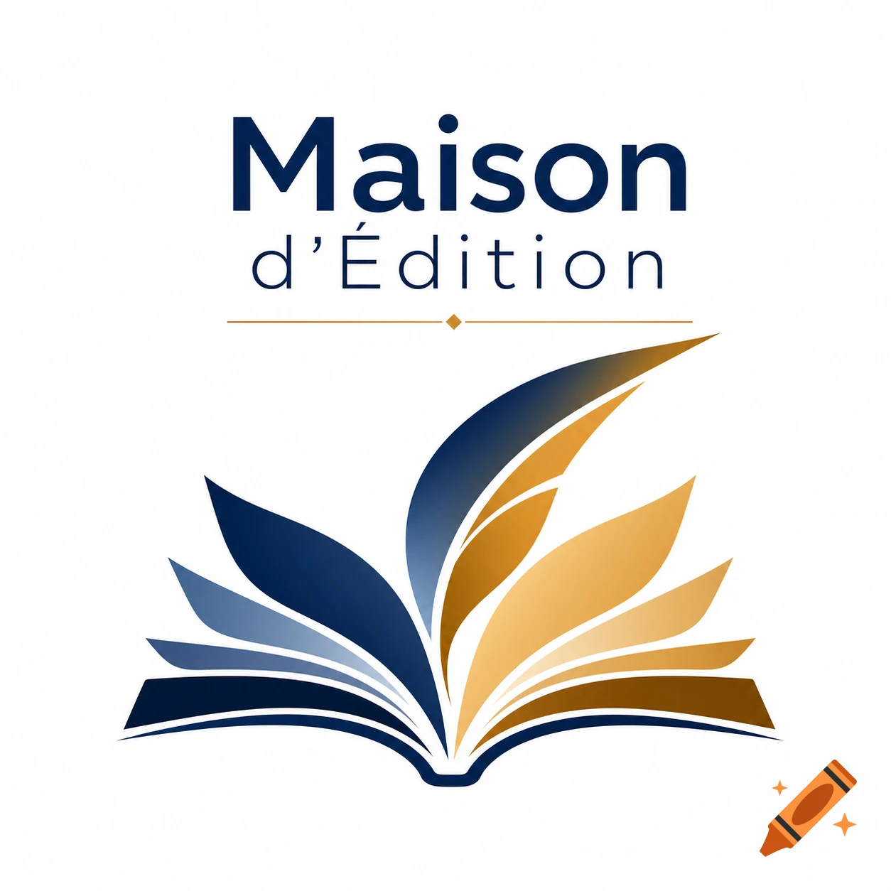 Logo for a publishing house with an open book design, featuring 'Maison d'Édition' above stylized blue and golden pages.