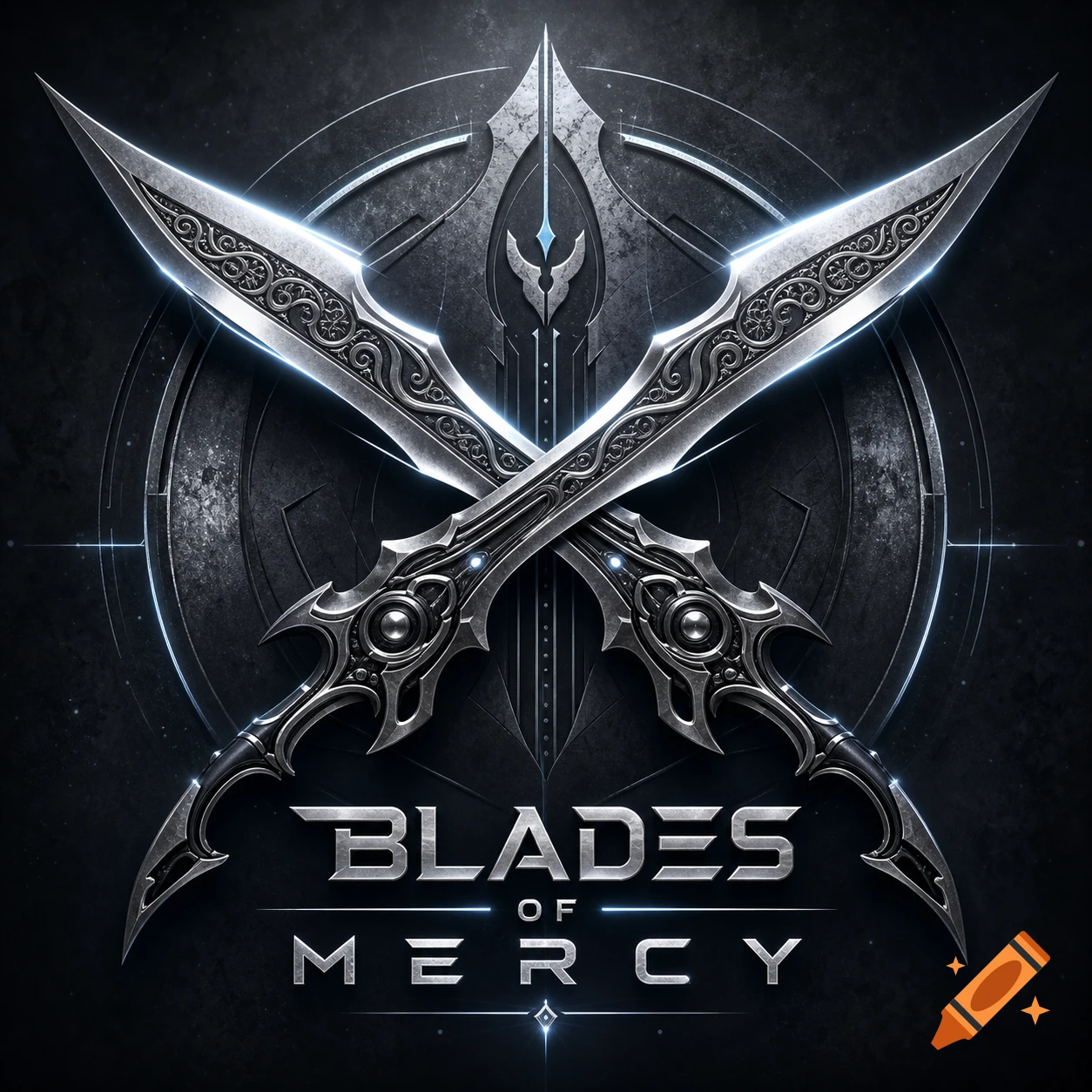 Metallic logo with two ornate silver swords crossed over a dark emblem, glowing with blue light, and the text 'BLADES OF MERCY' below.