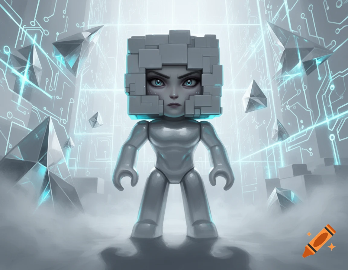 Stylized humanoid character with a blocky head and human eyes, standing in a digital, circuit-like environment with glowing geometric shapes.