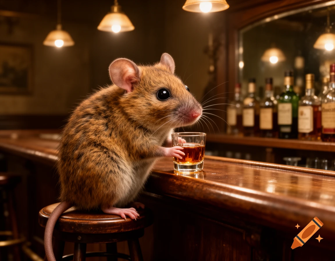 A photorealistic mouse sits on a bar stool, holding a small glass of whiskey on a wooden bar counter in a dimly lit bar.