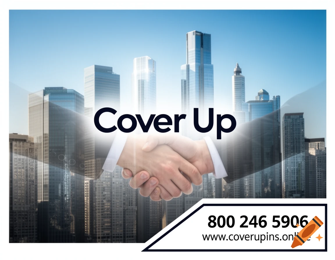 A handshake against a backdrop of a city skyline, with 'Cover Up', a phone number, and a website.