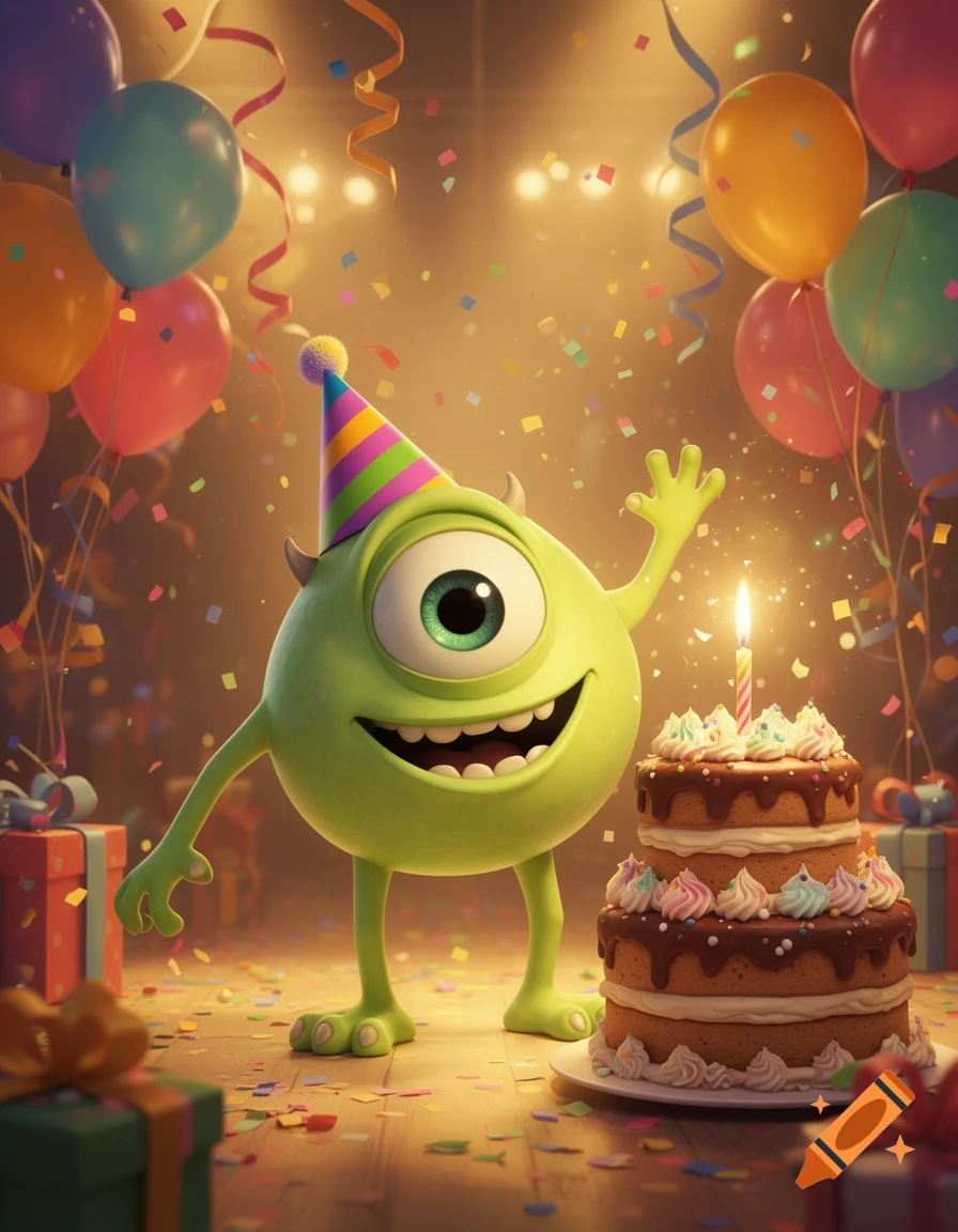Mike Wazowski in a party hat, smiling next to a two-tier birthday cake with a candle, surrounded by balloons, confetti, and presents.