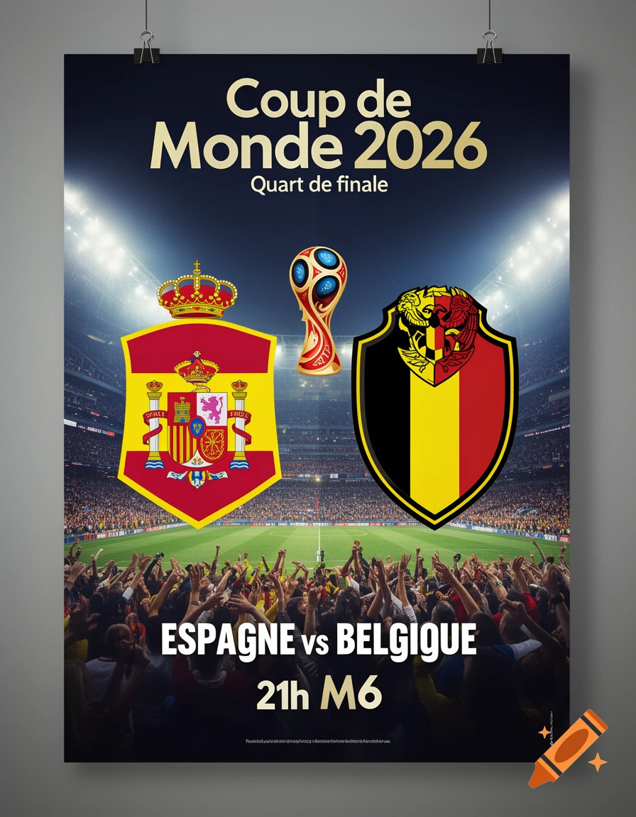 A World Cup 2026 quarter-final poster for Spain vs Belgium, featuring country crests, the World Cup trophy, and a stadium crowd.