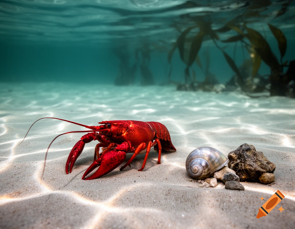 A vibrant red lobster sits on a sandy seafloor next to a iridescent snail shell and rocks, with light dappling through the clear water from above.