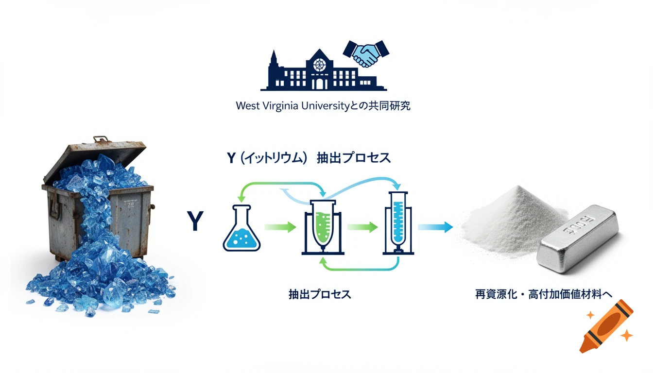 An infographic showing a chemical process from waste to refined materials. A waste bin overflows with blue crystal fragments, leading to a stylized chemical extraction process in beakers, then to a pile of white powder and a silver ingot. Text indicates collaboration with West Virginia University and labels the yttrium extraction and recycling processes in Japanese.