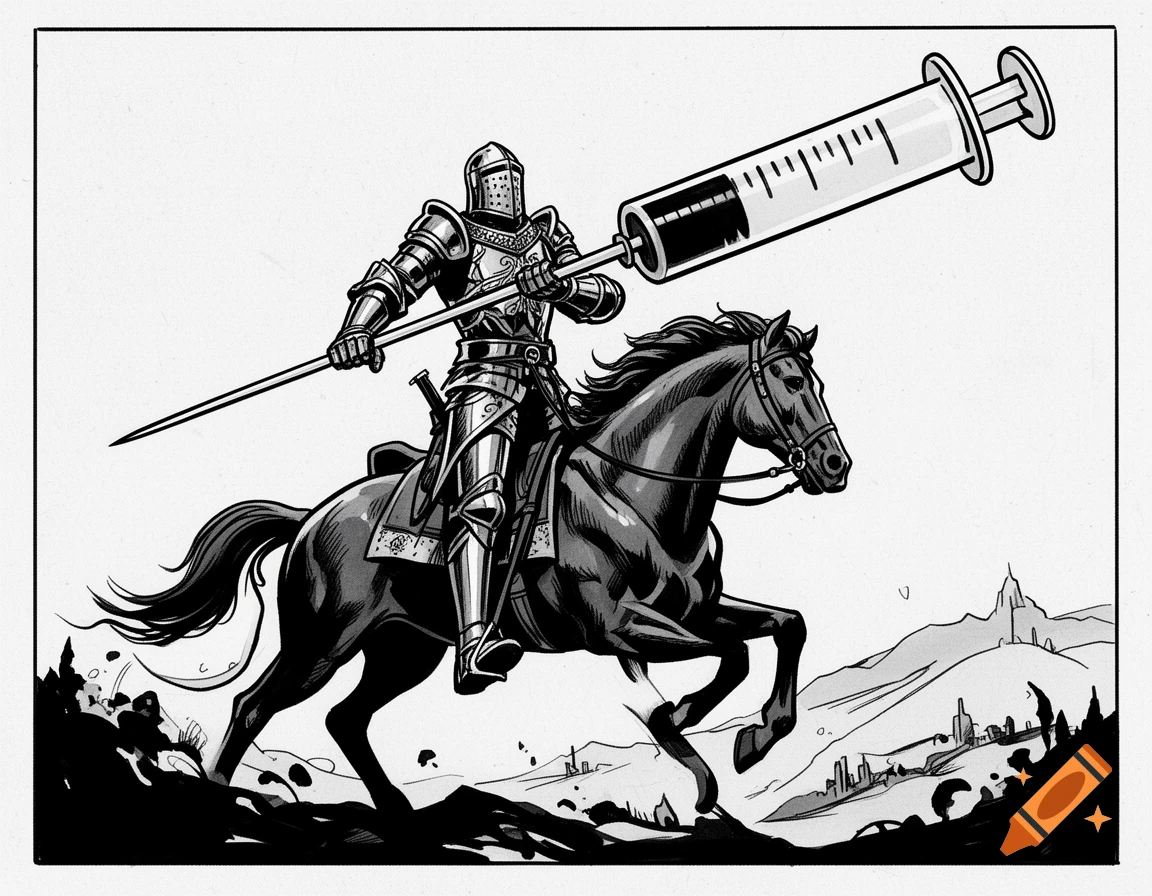 A black and white comic illustration of a knight in armor on horseback, wielding a giant syringe as a lance.
