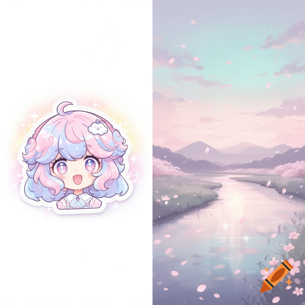 A split-screen image features a pastel anime girl icon on the left and a soft pastel landscape with a river and cherry blossoms on the right.