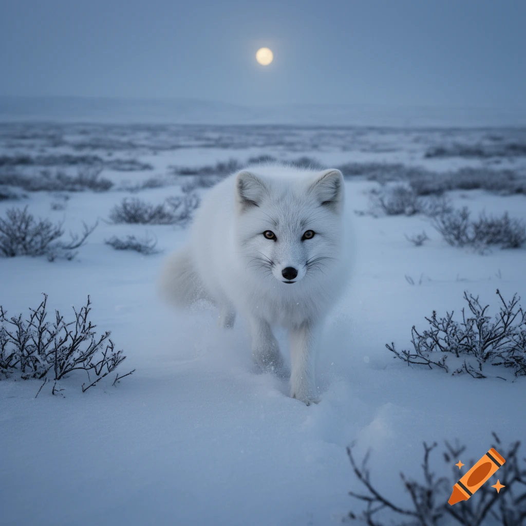 A photorealistic image of a white arctic fox running through a snowy field under a full moon.