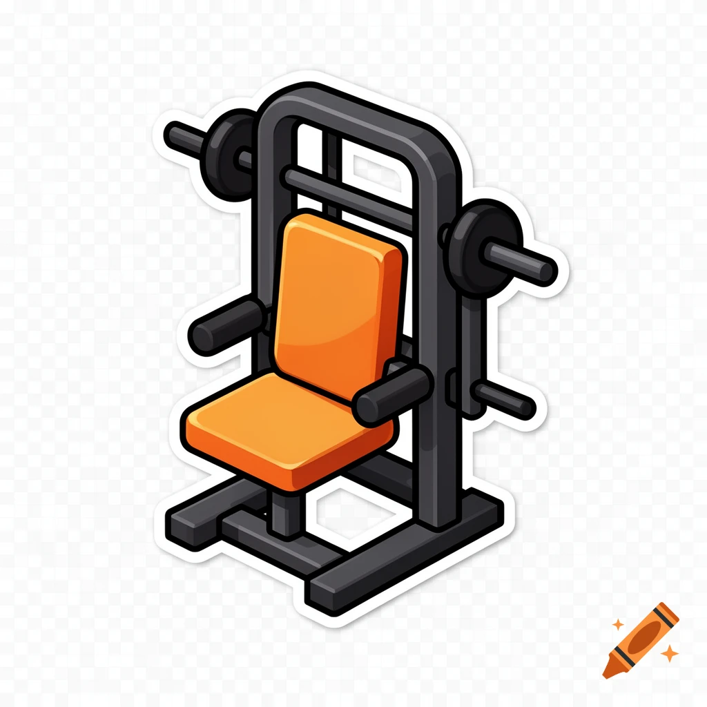 Isometric cartoon sticker illustration of a chest press machine with an orange seat and dark gray frame on a transparent background.