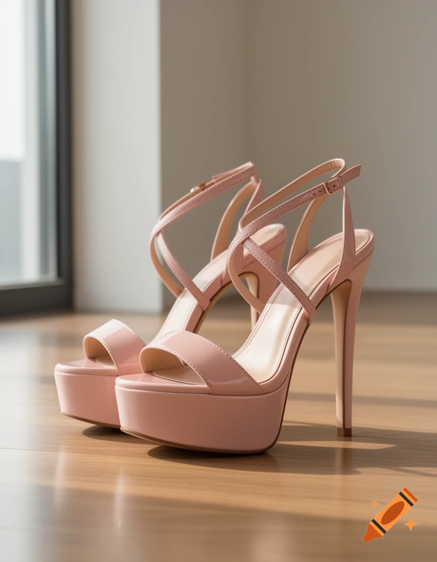 A pair of shiny light pink patent leather platform high heels with thin ankle straps on a wooden floor, lit by sunlight.