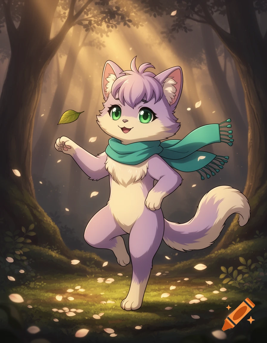 A cute purple furry creature with green eyes and a teal scarf stands in a sun-dappled forest, reaching for a falling leaf.