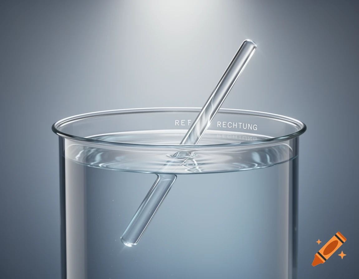 A clear glass rod partially submerged in a transparent liquid inside a glass beaker, demonstrating light refraction. The part of the rod underwater appears bent and slightly offset.