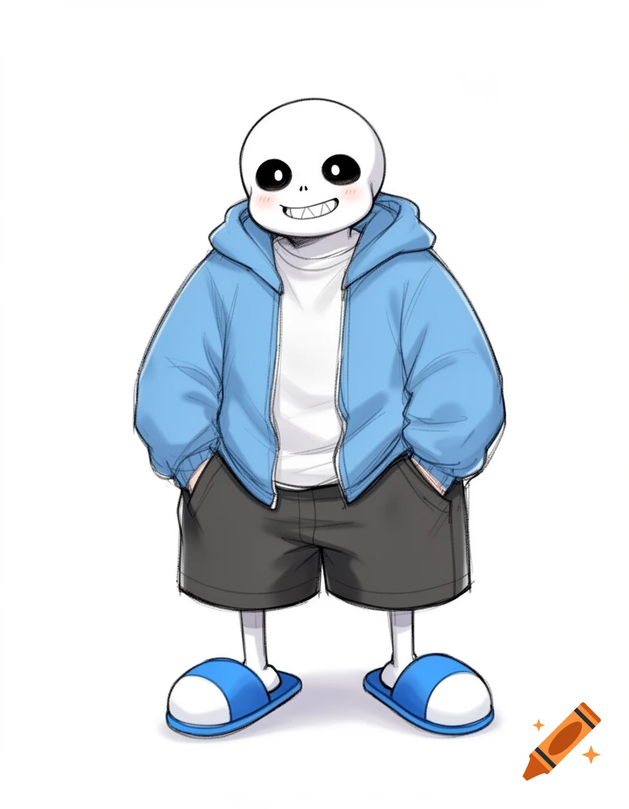 Digital illustration of Sans from Undertale, a smiling skeleton in a blue hoodie, black shorts, and blue slippers, hands in pockets.