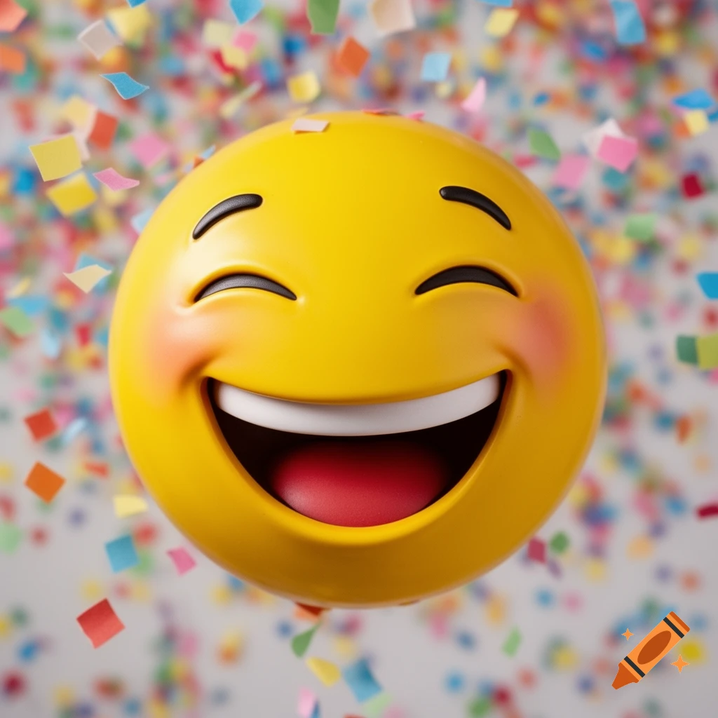 A 3D rendering of a yellow laughing emoji with rosy cheeks and closed eyes, surrounded by colorful falling confetti.