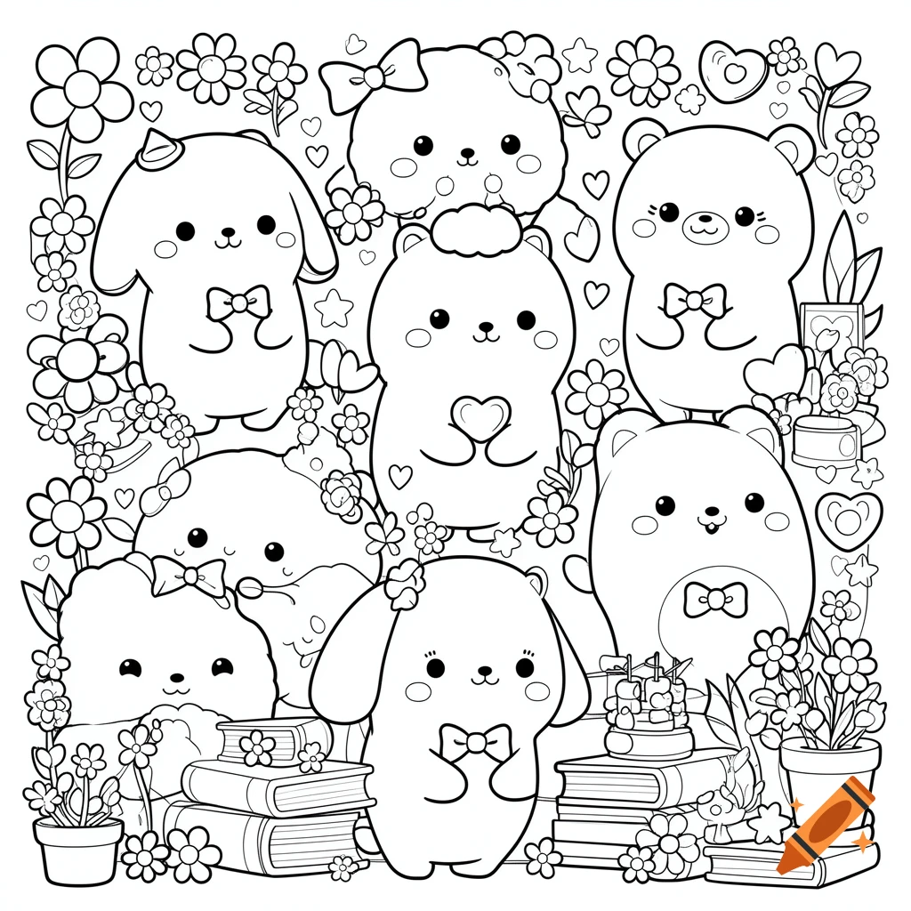 A black and white coloring page filled with various cute, cartoon-style animals, flowers, hearts, and books.