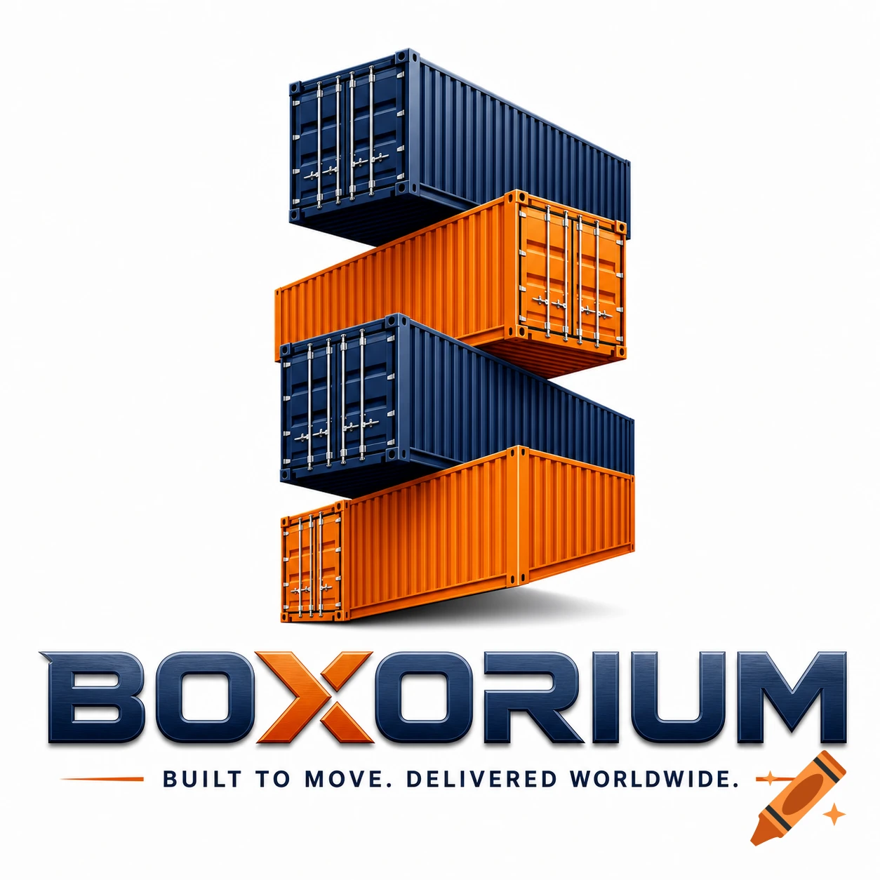 Logo for Boxorium featuring stacked blue and orange shipping containers and the slogan 'Built to move. Delivered worldwide.'