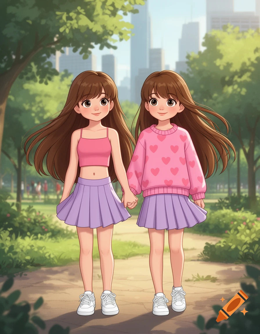 Two cartoon twin girls with long brown hair, holding hands in a city park. One wears a pink crop top, the other a pink heart sweater, both in purple skirts.