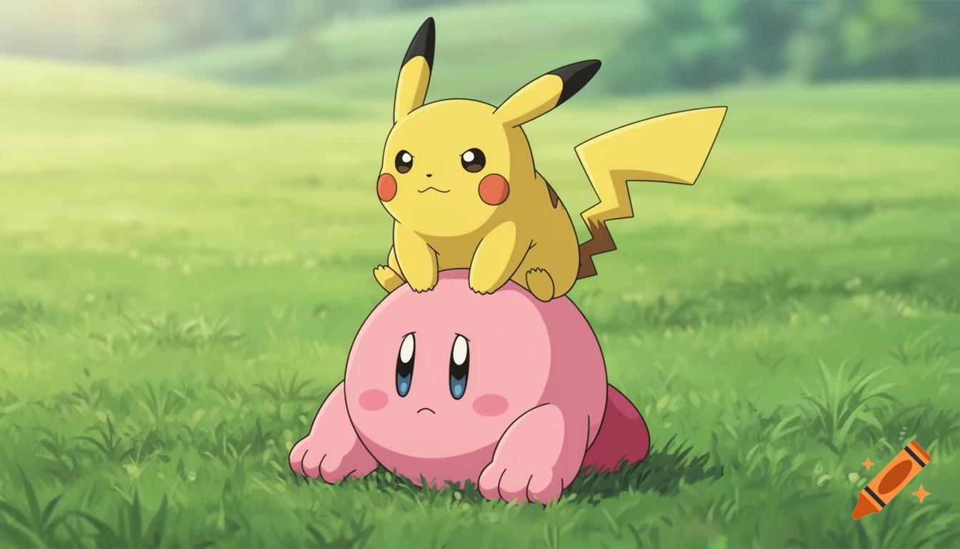Pikachu sits atop a pink Kirby in a grassy field.